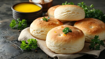   A stack of rolls atop a cloth, beside a bowl of mustard and parsley on the table
