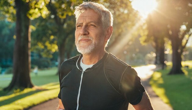 Senior man proves age is just number as he jogs energetically through scenic park. Sunlight filters through trees highlighting his athletic form