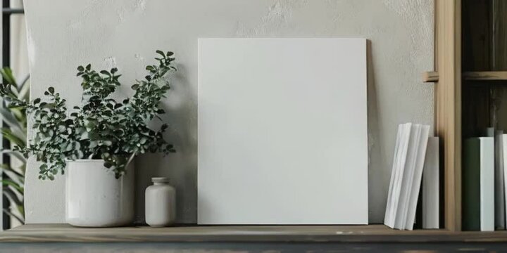 Video mockup of black canvas or picture frame for small poster in shelf in white minimalistic interior. With cold day light