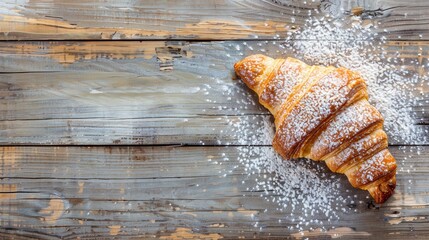   A croissant, dusted with powdered sugar, atop a wooden table - obrazy, fototapety, plakaty