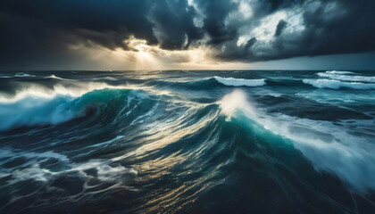 Big, foamy waves in a stormy sea under a dark sky with some sunlight - obrazy, fototapety, plakaty