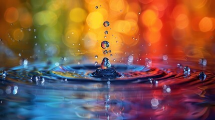   A macro shot of a vibrant, multi-colored backdrop with a solitary water droplet in sharp focus - obrazy, fototapety, plakaty