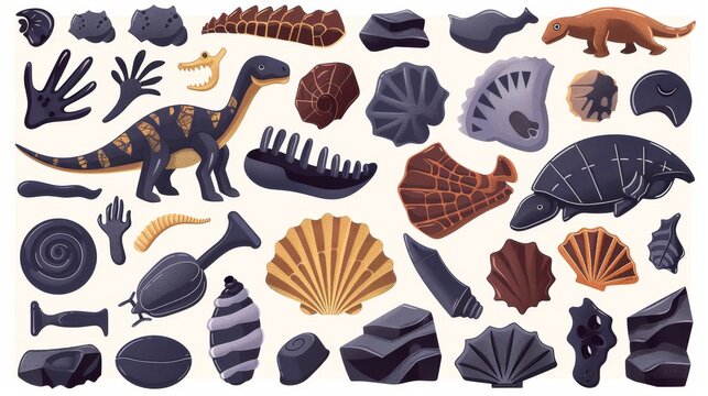 A dinosaur fossil icon set made from stone. Sea creatures and ancient plants illustrated in a texture drawn with a stamp texture. A silhouette image of a dig insect and shell.