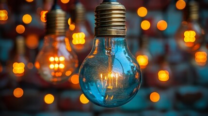   A tight shot of a single light bulb against a backdrop of numerous lights, plus a wall illuminated with strings of lights