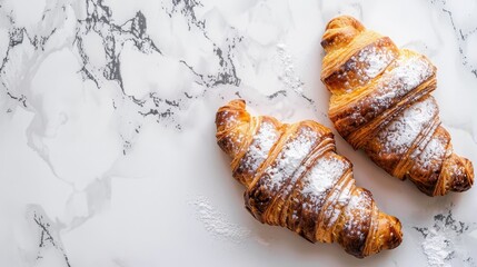   Two croissants, each dusted with powdered sugar, rest on a marble surface adjacent to a third croissant