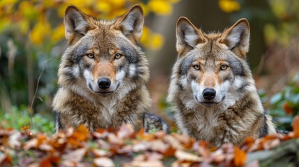   Two wolves sit in a pile of leaves, gazing seriously at the camera - obrazy, fototapety, plakaty