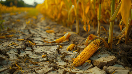 A photo of wilted crops, with cracked soil as the background, during a water scarcity crisis - obrazy, fototapety, plakaty