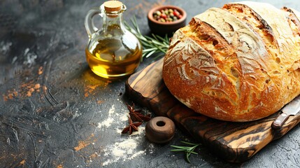   A loaf of bread atop a cutting board, olive oil bottle near, rosemary sprig beside