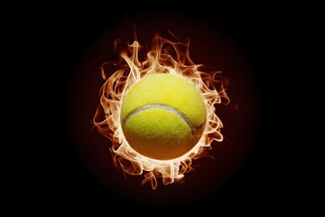Fiery tennis ball on black background tennis ball on fire photo, representing intensity and passion in sports