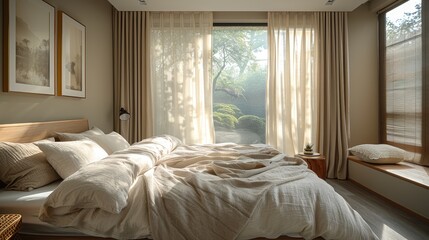   A bedroom featuring a neatly made bed and a window framing a view of trees outside