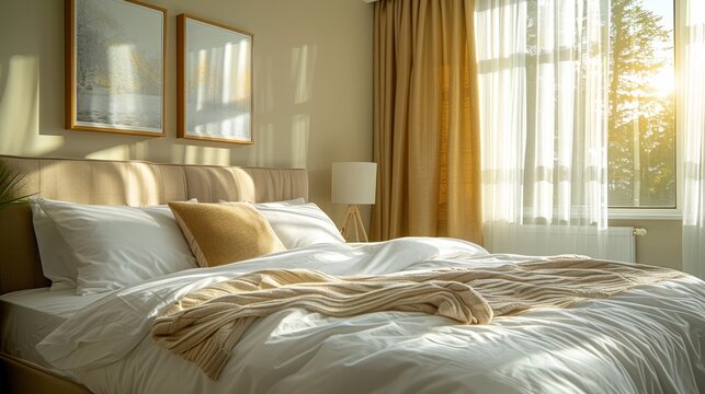   A bed with a white comforter Two framed pictures above it on the wall Plant in room's corner