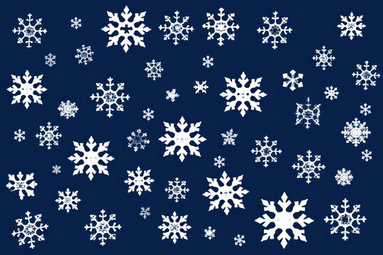 White snowflakes on an indigo background, a flat vector illustration in the simple minimalist style of a cute cartoon design with simple shapes