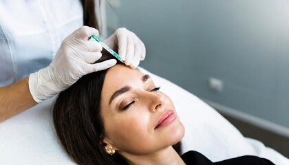 Fototapeta premium Procedure Plasmolifting injection. Beautician will do PRP therapy for the face against wrinkles. Plasma injection into the skin of the patient's forehead 