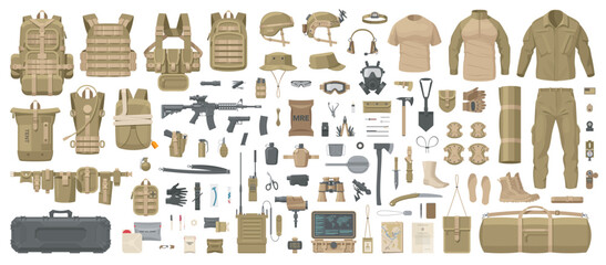 Big set of military equipment. Soldier clothes, weapons, outfit, electronics, medicals, food and other equipment