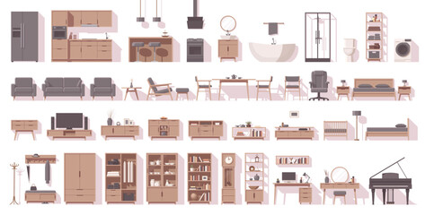 Big furniture set. Interior furniture. Flat furniture. Living room furniture, bedroom furniture, kitchen furniture, bathroom furniture and other. Vector illustration