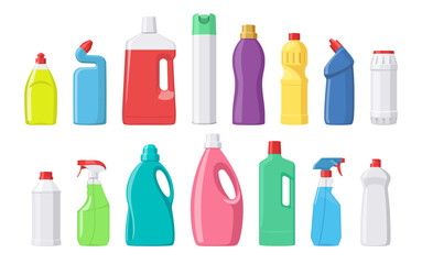 Big set of household chemical. Bottles sprayers and other. Vector illustration