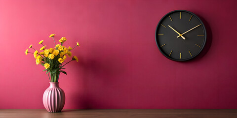 aa black matte clock on a dark pink wall and a vase with yellow flowers next to them, minimalism,...