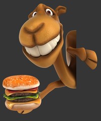 Fun 3D cartoon camel with a hamburger