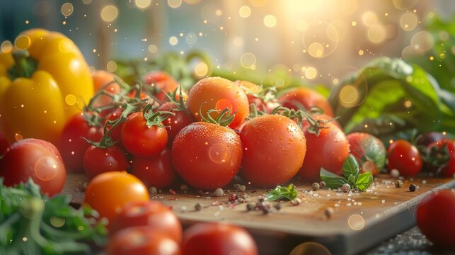 Fresh vegetables on cutting board with nutritional data and health infographics