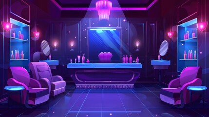 Decorative manicure salon interior with table furniture, armchairs, and professional salon equipment for a well-being and hygiene service at night. - obrazy, fototapety, plakaty