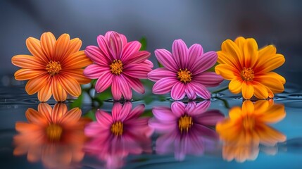   A vibrant cluster of flowers floats above mirrored reflections on a serene water surface