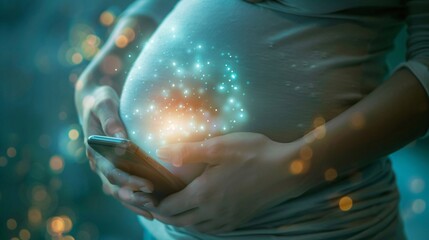 A fetus interacts with a smartphone screen from within the mother's belly, surrounded by a gentle glow, as the mother's hand lovingly cradles her stomach - obrazy, fototapety, plakaty