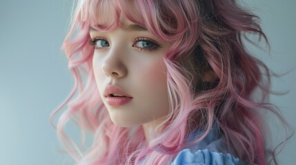 Fototapeta premium Close up of a doll with pink hair