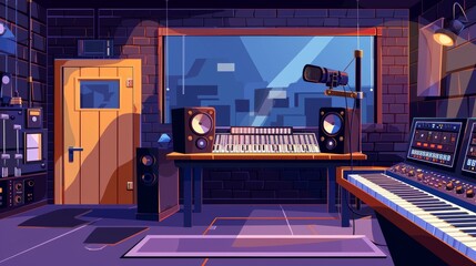 An illustration of a music and sound recording studio booth, featuring a microphone and synthesizer as well as a computer near the workstation.