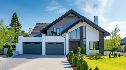 Modern house with garage and driveway in a sunny suburban neighborhood