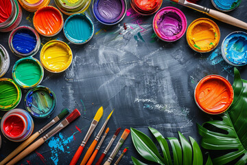 Drawing painting background web banner. Colorful paints, brushes, stationery, supplies for drawing and craft. Creative education setting, artist desk top view, copy space