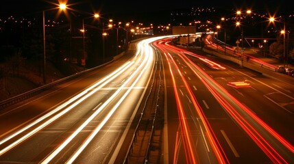 Fototapeta na wymiar Dynamic urban nightscape blurred car lights in high speed traffic on illuminated city highway