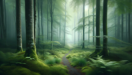 Naklejka premium a serene forest scene enveloped in mist