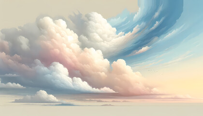 soft, fluffy clouds drifting across a sky painted in gentle pastel tones - obrazy, fototapety, plakaty