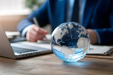 Glass earth on desk in business concept photo, representing global commerce and corporate...