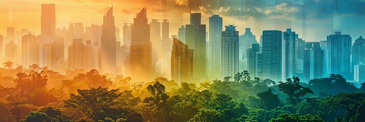 Wide banner of cityscape skyline double exposure with nature green forest