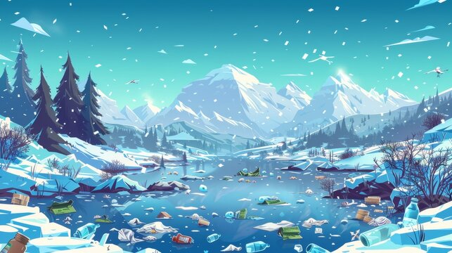 A cartoon landscape depicting a polluted winter landscape. Iced lagoons or rivers, snow-covered mountains and trees, and garbage scattered through the landscape. Nature is contaminated with garbage