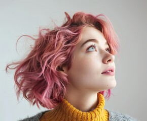 Woman with pink hair wearing yellow sweater