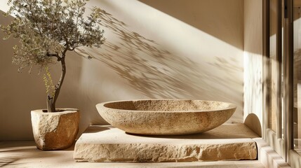   A large stone bowl atop a stone slab Nearby, a planter and a potted tree - obrazy, fototapety, plakaty