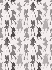Fototapeta premium Seamless pattern, dancing colorful girls, silhouettes of girls in fashionable clothes. Suitable for interior, wallpaper, fabrics, clothing, stationery.