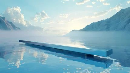 Fotobehang   A bench sits in the middle of a tranquil body of water Behind it lies a majestic mountain range, while ethereal clouds dot the azure sky above © Mikus