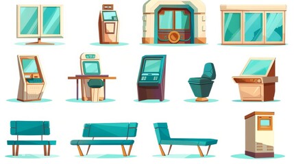 Interiors of a bank office with atms and counters. Waiting hall clipart for the financial department. A cash register table with monitor. A lounge bench for an insurance business center. An interior - obrazy, fototapety, plakaty