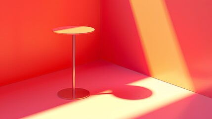  a white table, a red wall with light filtering in via the window, casting a lamp shadow onto the floor