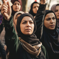 Muslim women in headscarves protest at a rally. Portrait. Women's manifesto.