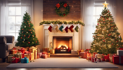A cozy Christmas setting with a decorated tree and fireplace, surrounded by wrapped presents in a homely living room.