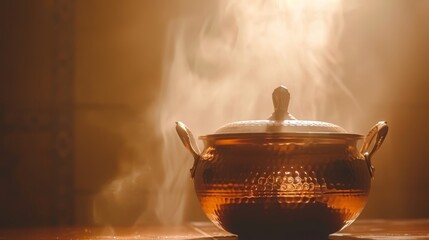   A teapot steaming on a table, emitting steam from its spout and lid - obrazy, fototapety, plakaty