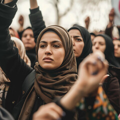 Muslim women protest at a rally. Portrait. Women's manifesto.