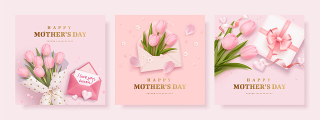 Mother's day greeting square background set with 3d tulips. gift box, envelope and golden text. Vector illustration for poster, card, promotional materials, website - obrazy, fototapety, plakaty