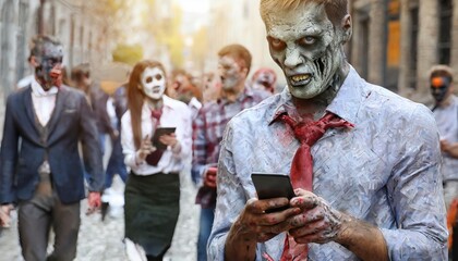 Zombies with Mobile Phones walking on city street