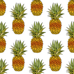Seamless pattern with cute pineapple on white background. Vector image.