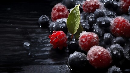 Frozen blackberry and red currant with ice on a black background